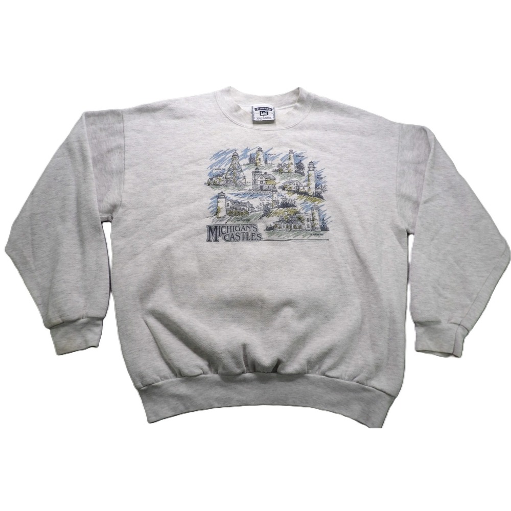 VTG 90s Lee Michigan's Castles Lighthouse Crewneck Sweatshirt Men L Heather Gray